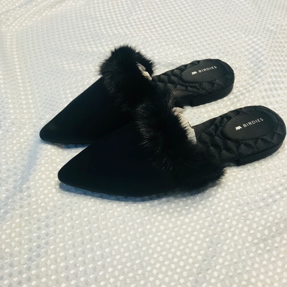 Birdies Dove Satin Pointy Toe Faux Fur Mules - Picture 4 of 7